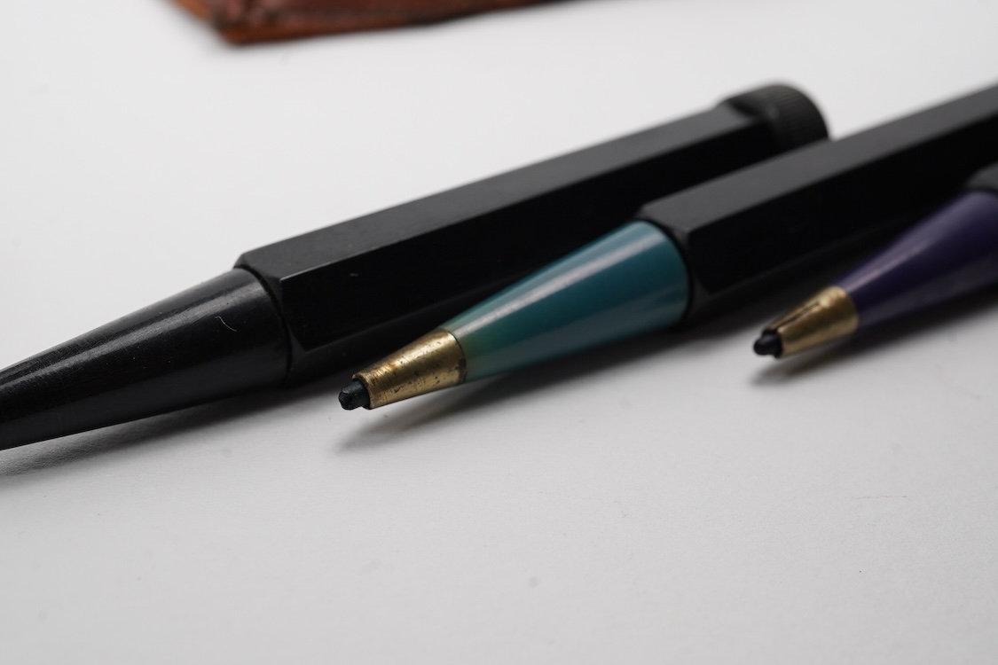 A set of four colour coded pencils in hexagonal form with different coloured sections, German - Montblanc?